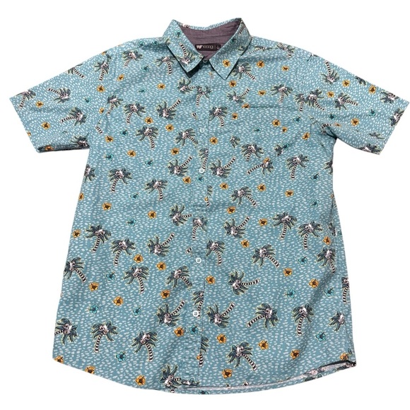 RF Brand Shirt Mens Large Green Skull Palm Trees Hawaiian Button Up Short Sleeve - Picture 1 of 9